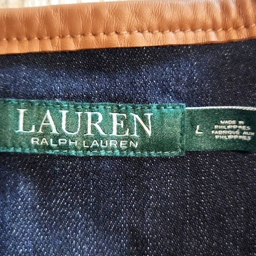 Ralph Lauren Dark Blue Denim Jacket Leather Trim Collar Large - Picture 9 of 13